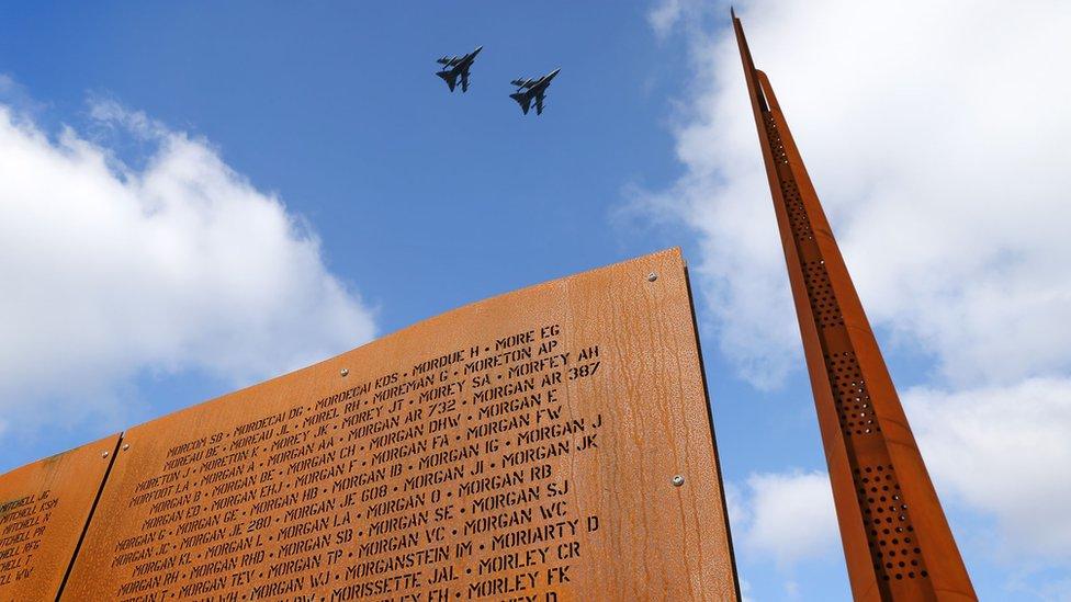 Spire and remembrance wall