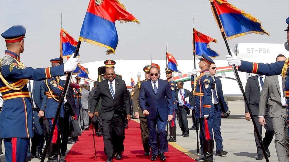 Egyptian President Abdel Fattah al-Sisi inspects an honour guard with his Sudan counterpart Omar al-Bashir upon his arrival at Cairo"s Airport, Egypt