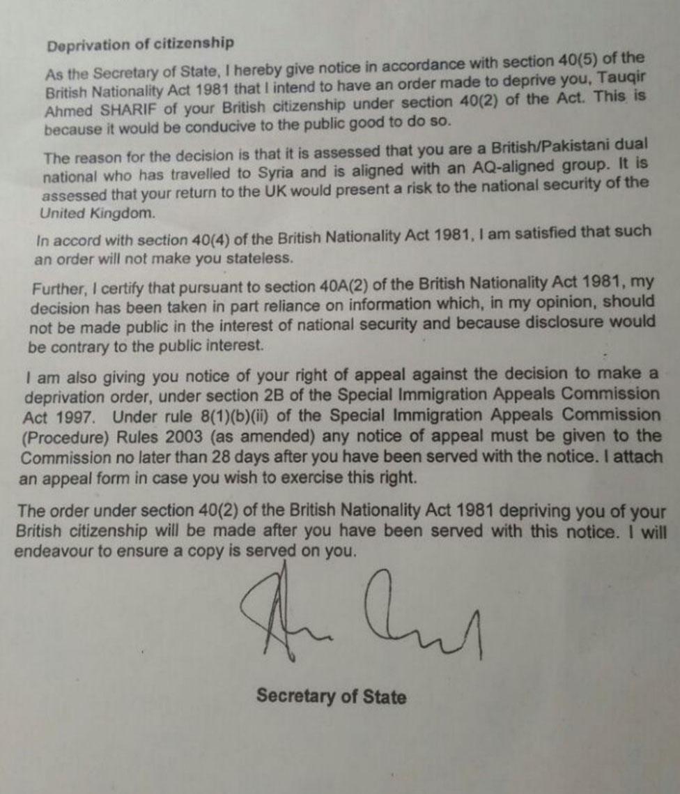 The letter from Amber Rudd to Tauqir Sharif