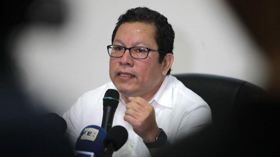 Nicaraguan journalist Miguel Mora gestures during a press conference in Managua, on December 13, 2019.