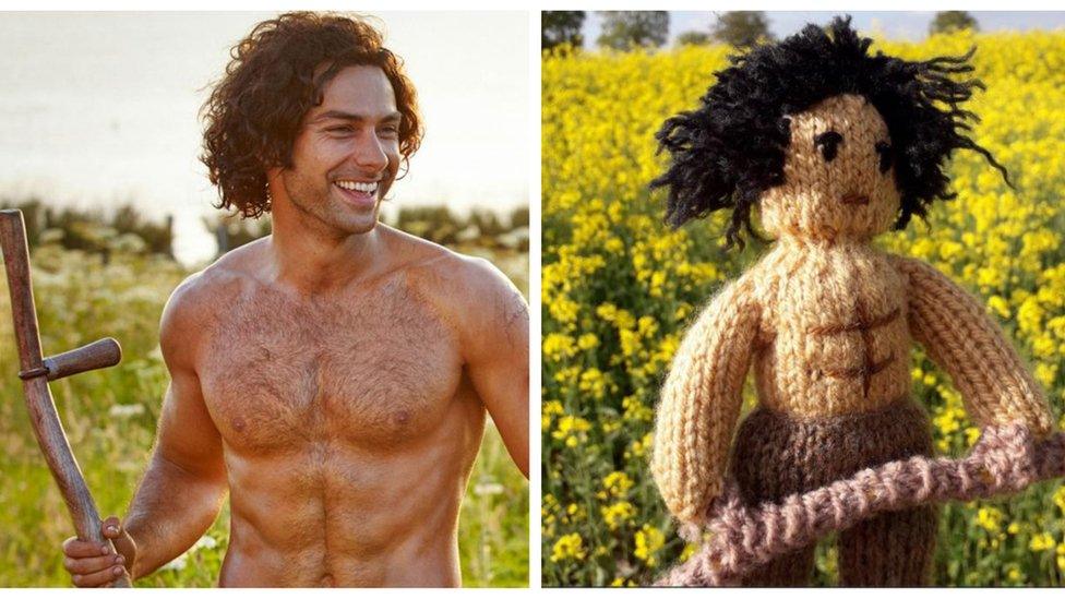 Ross Poldark topless holding a scythe, next to a knitted version