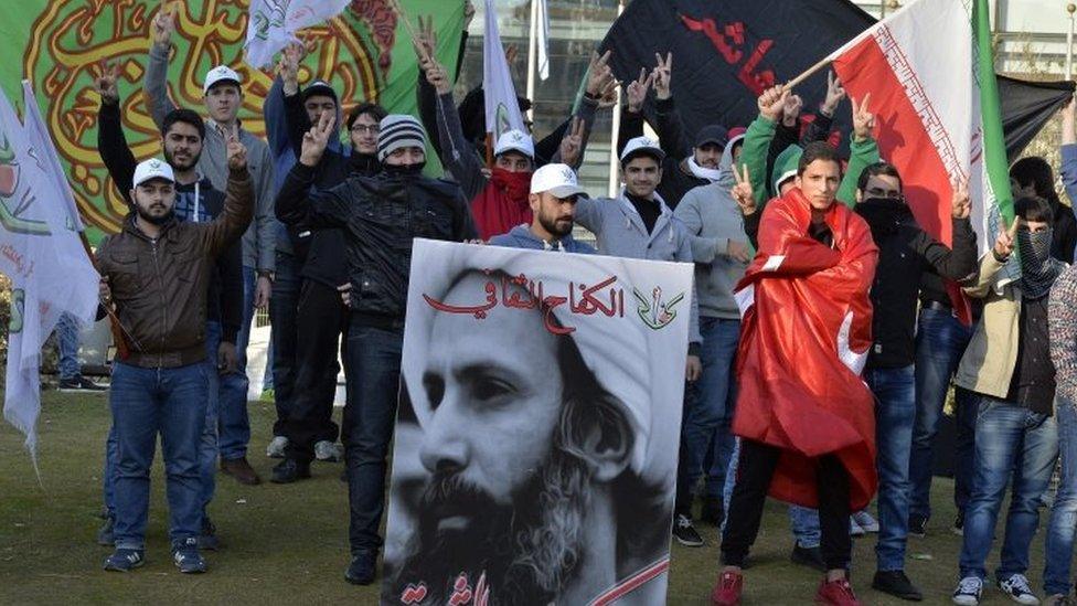 Shia protesters demonstrate against the execution of Saudi Arabia-based cleric Nimr al-Nimr in front of the United Nation building in Beirut, Lebanon (10 January 2015)