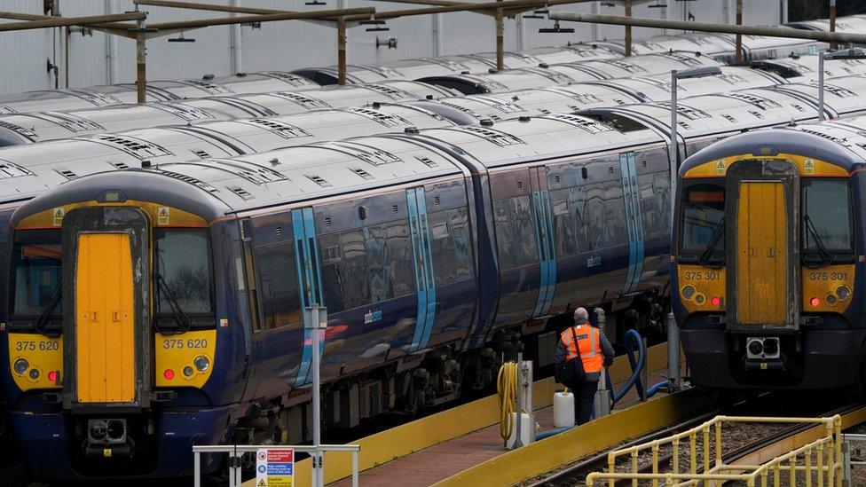 View of rows of southeastern train lined up at Ramsgate station, Kent