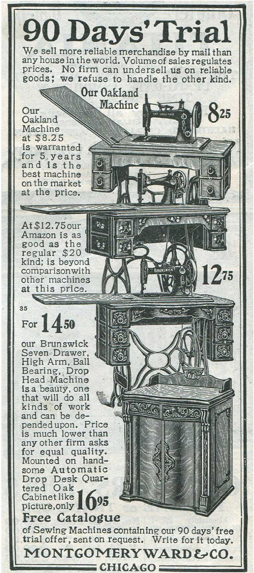 Advertisement for sewing machines in the Montgomery Ward & Company catalogue, 1903.