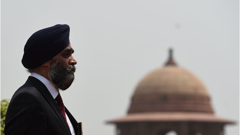 Canadian Defence Minister Harjit Singh Sajjan inspects a Guard of Honour at the Indian Ministry of Defence prior to a meeting with Indian Defence Minister Arun Jaitley, in New Delhi on April 18, 2017