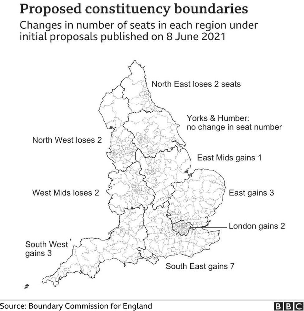 Map showing proposed constituency changes in England