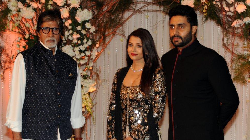 Amitabh Bachchan (left), daughter-in-law actress Aishwarya Rai Bachchan and actor son Abishek Bachchan. The Bachchans are one of Bollywood's most prominent families.