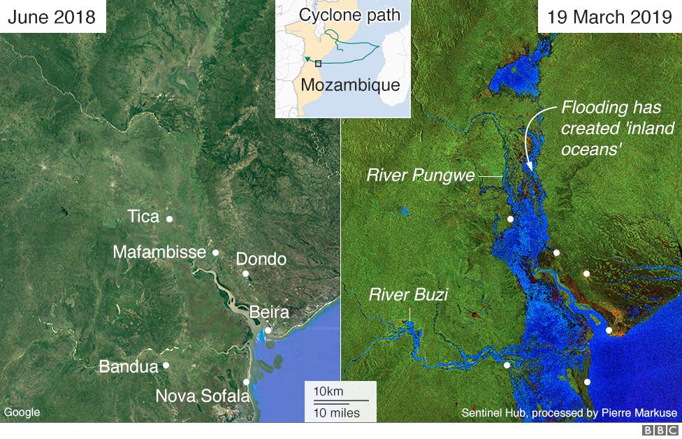 Satellite image of Cyclone Idai as it hit the coast of Mozambique