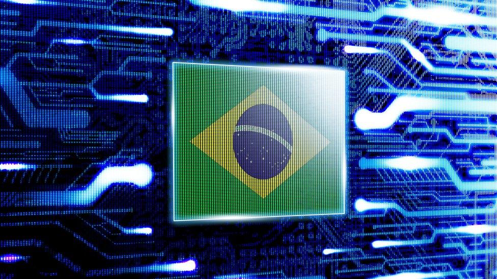 Brazil flag against computer chip background