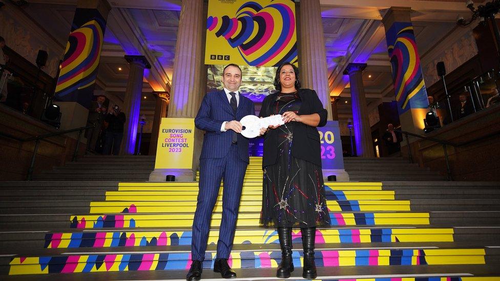 Mayor of Turin Stefano Lo Russo and Mayor of Liverpool Joanne Anderson at St George's Hall in Liverpool,