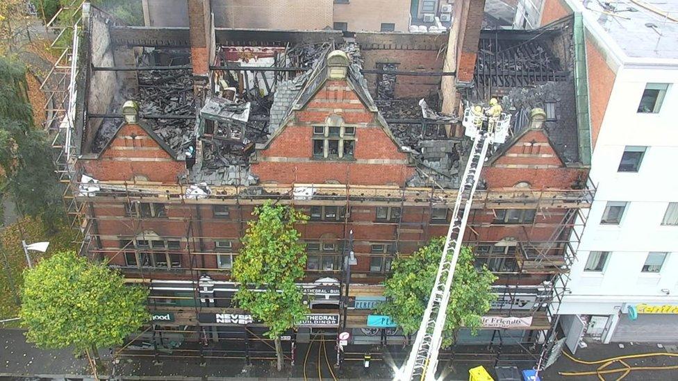 An aerial view of the fire damage caused to the Old Cathedral building