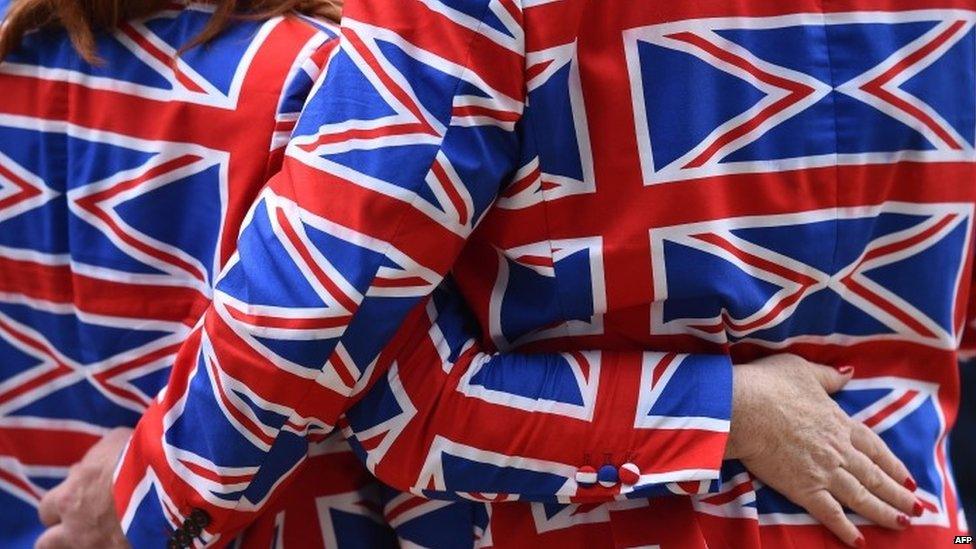 Couple wearing Union Jack suits