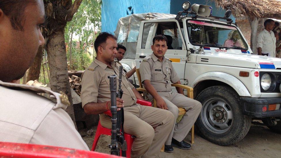 Police guard outside Mr Singh's house in Shahjahanpur