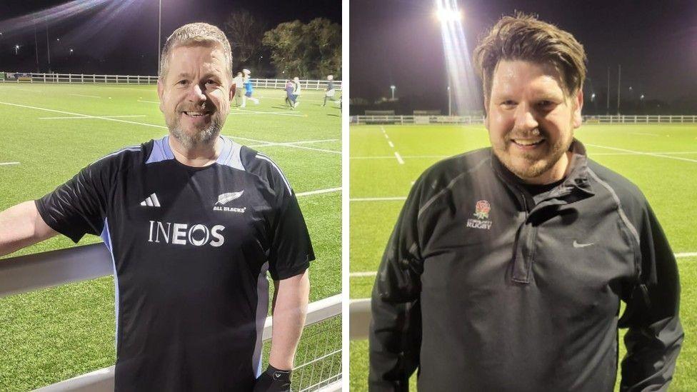 Two side-by-side images of rugby players in training kit. Paul Parfitt is on the left and is wearing a New Zealand All Blacks shirt and gloves. Andy Holliday is wearing an England Rugby training top. Both are standing in front of the rugby pitch.