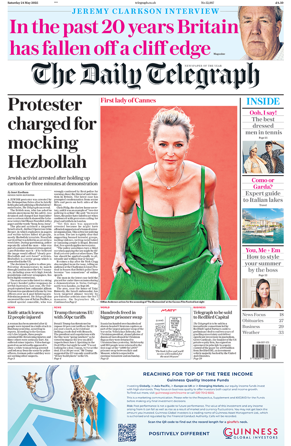 Daily Telegraph front page with headline "Protester charged for mocking Hezbollah"