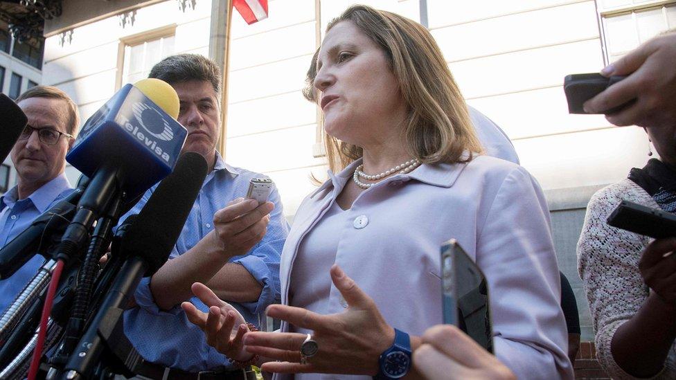 Canadian Foreign Affairs Minister Chrystia Freeland speaks prior to her meeting with US Trade Representative Robert Lighthizer in Washington DC