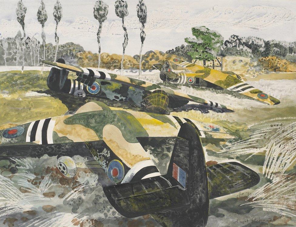 Gliders crash landed against a bridge, Albert Richards, 1944