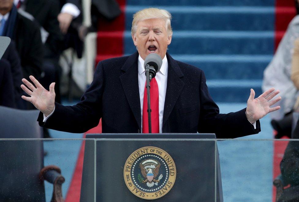 President Donald Trump delivers his inaugural address on the West Front of the U.S. Capitol on January 20, 2017 in Washington, DC.