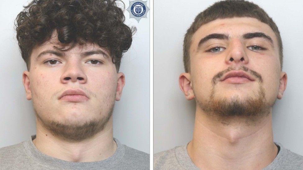 Two mugshots of men wearing grey Tt-shirts. Both men are looking into the camera. The left hand one has curly brown hair and stubble on his chin. The right hand has short dark hair and a short dark goatee beard