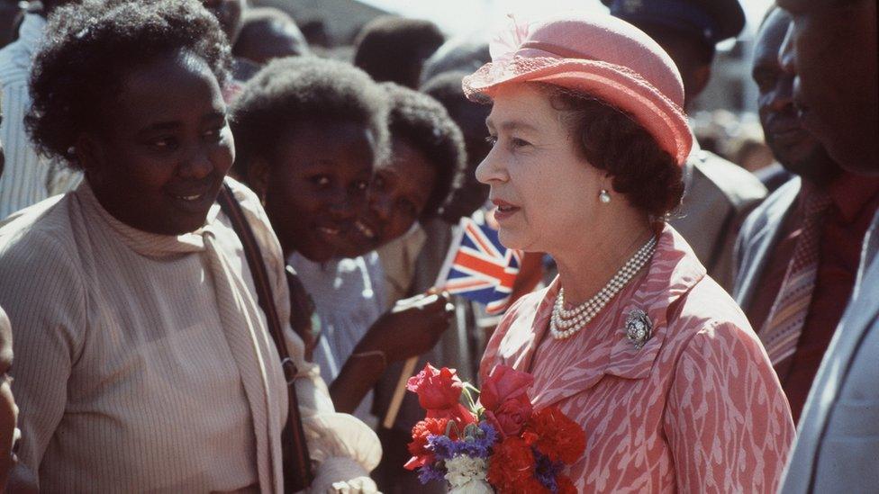 Queen meeting people in Nairobi while on a tour in Kenya in 1983