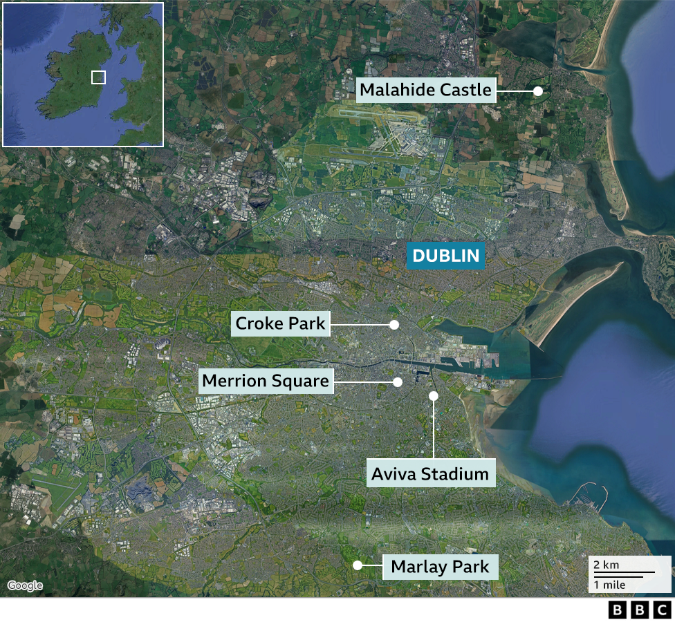 map of Dublin showing Croke Park, Merrion Square, Malahide Castle, the Aviva Stadium and Merrion Square