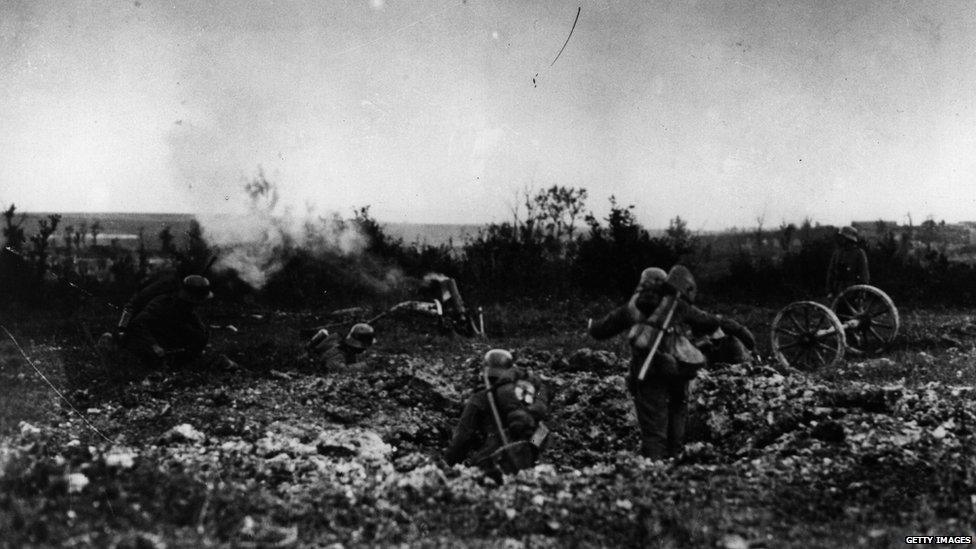 A German troop attack, following the explosion of a mine.