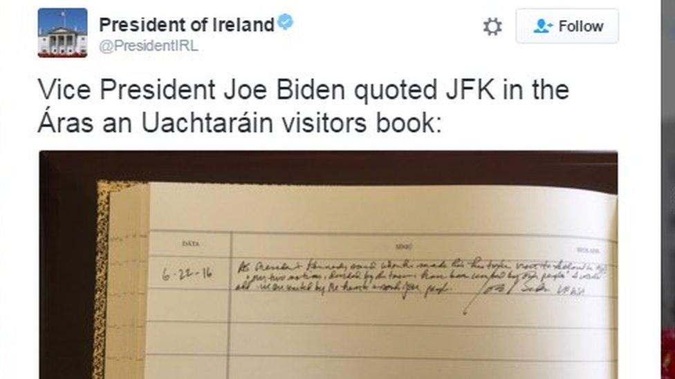 Twitter photo showing Joe Biden's entry in the Áras an Uachtaráin (Irish President's House) visitors' book