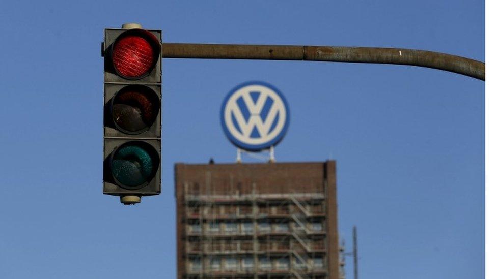 VW logo on top of building