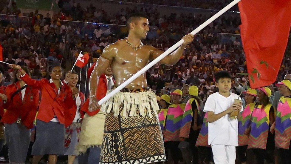 Flagbearer for Tonga Pita Nikolas Taufatofua at the 2016 Olympics in Spain