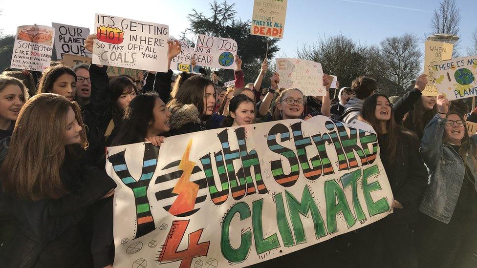 Protesters at a Youth Strike 4 Climate demonstration outside Shire Hall in Cambridge