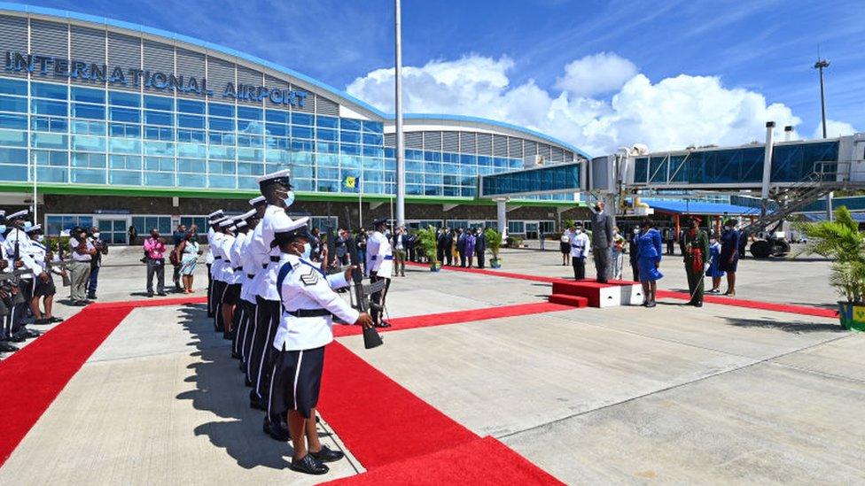 Prince Edward, Earl of Wessex, Sophie, Countess of Wessex and Governor-General of Saint Vincent and the Grenadines Her Excellency, Dame Susan Dougan view a Guard of Honour