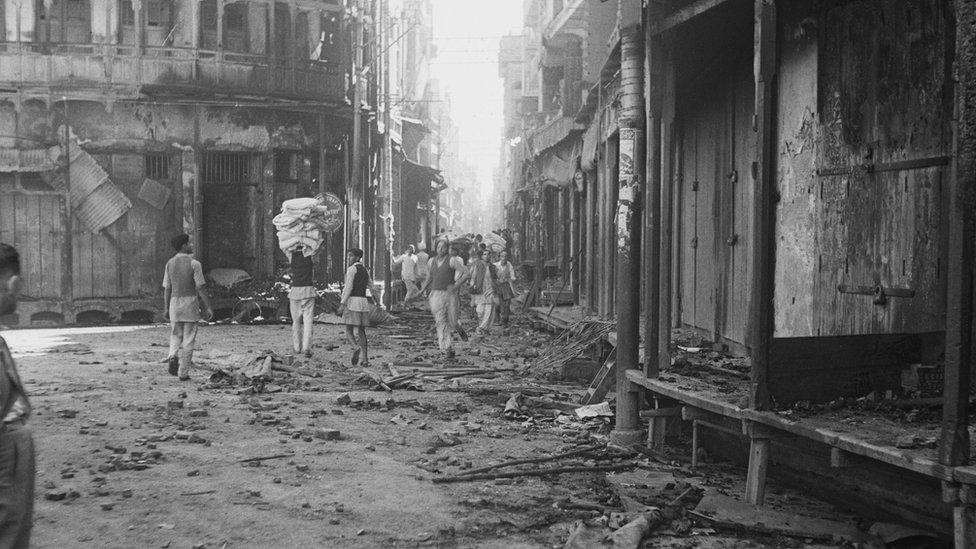 Wrecked buildings after communal riots in Amritsar, Punjab, during the Partition of British India, March 1947