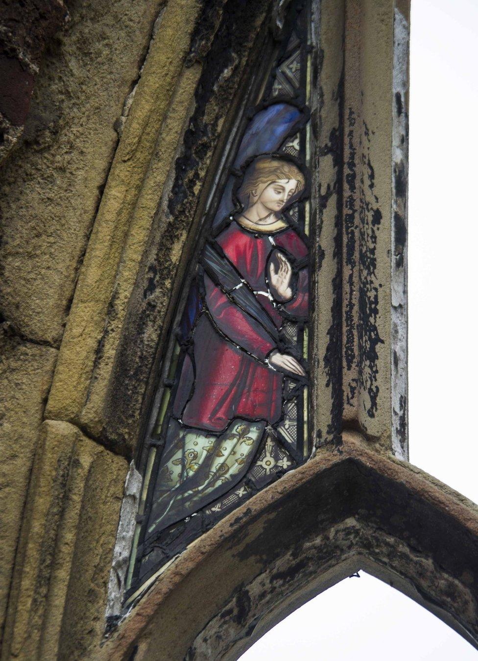 One of only a few panes of stained glass windows that remain at St Luke's Church in Liverpool