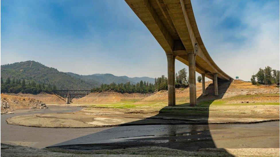 The drying bed of Lake Shasta in California