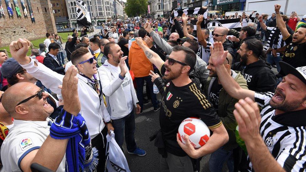 Supporters from both sides enjoyed each others' company outside Cardiff Castle