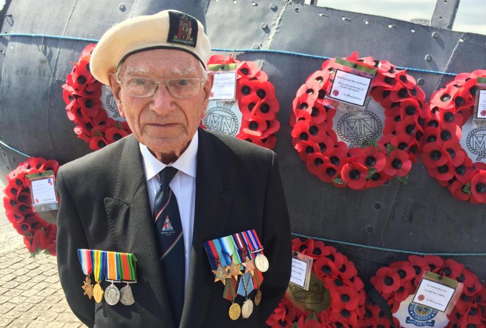 Harold with his medals at a Merchant Navy remembrance service