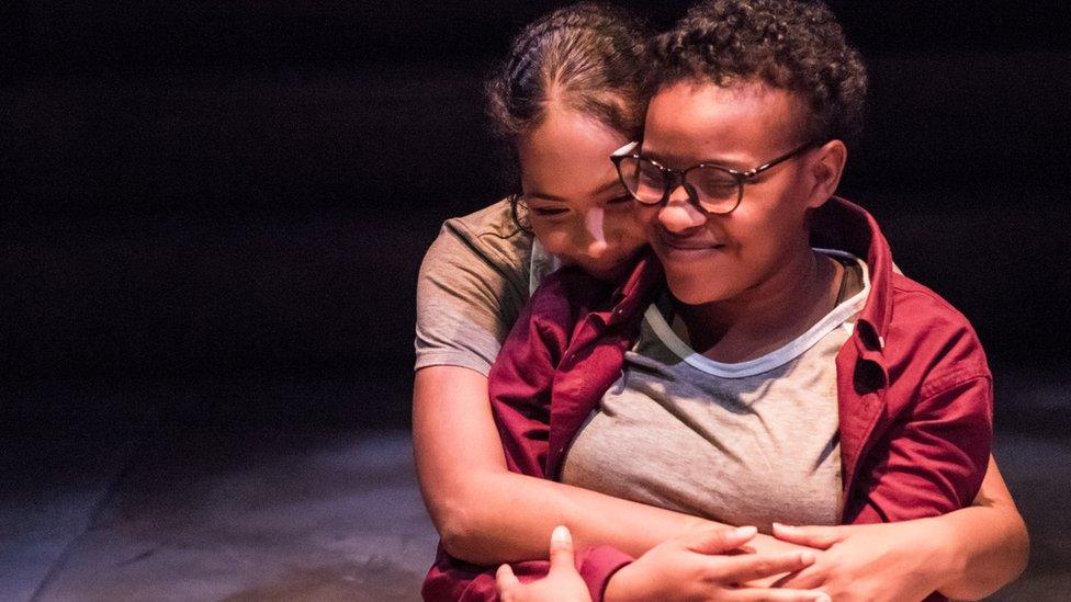 Production photo for She Like Girls at the University of Maryland, Baltimore County. Actors: Maria Marsalis and Majenta Thomas