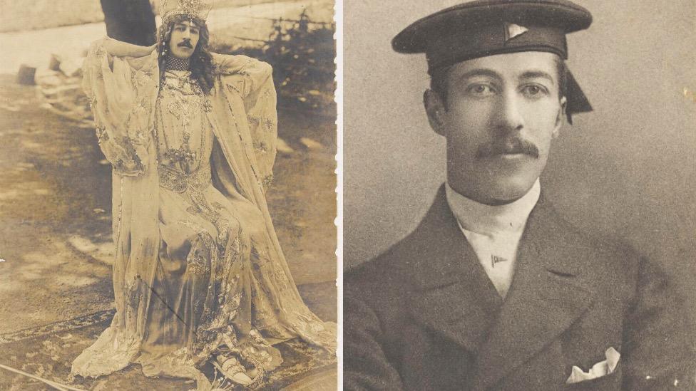 Henry Cyril Paget in full costume dress with jewelled crown, and dressed in suit and sailing hat