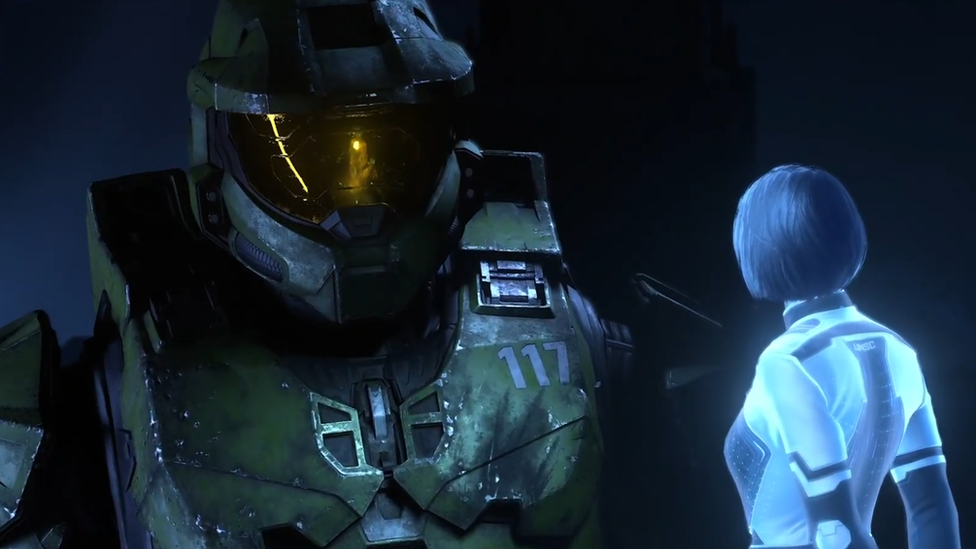 Master Chief looks down at Cortana