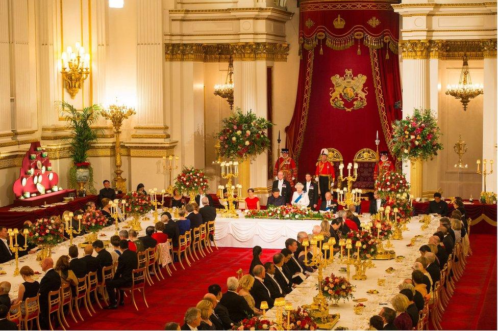 Queen Elizabeth II speaks at a state banquet in honour of Chinese President Xi Jinping during the first day of his state visit to the UK