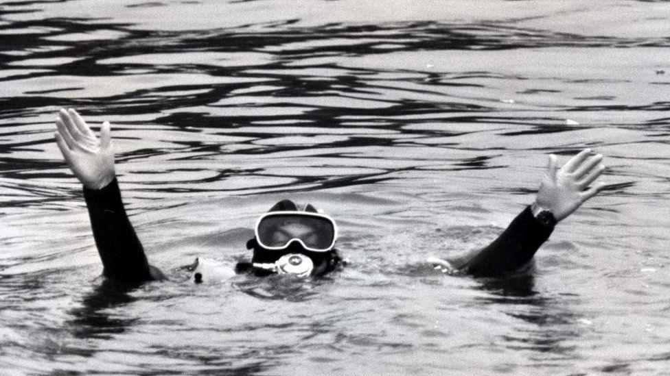 John Prescott swimming in the Thames in protest at the dumping of nuclear waste at sea