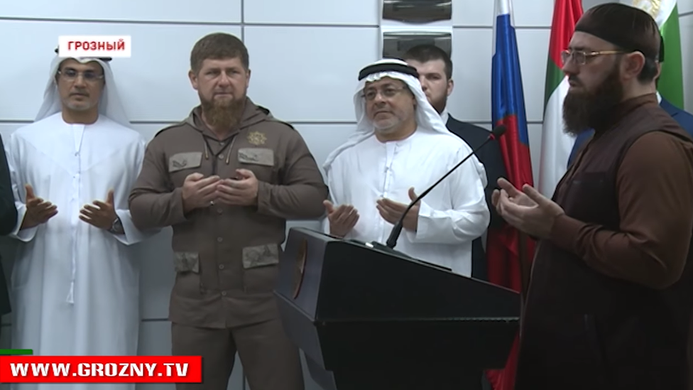 Chechen leader Ramzan Kadyrov (second left) and Hussain Jasim Al Nowais (second right), the chairman of the UAE Khalifa Foundation, Grozny, 2017