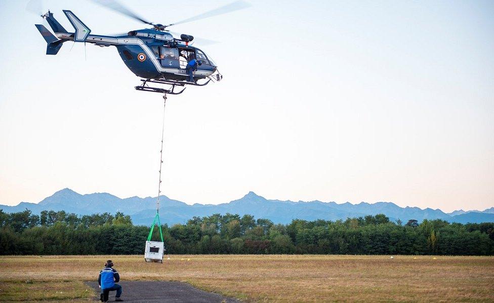 Sorita being moved in cage by helicopter, Oct 2018