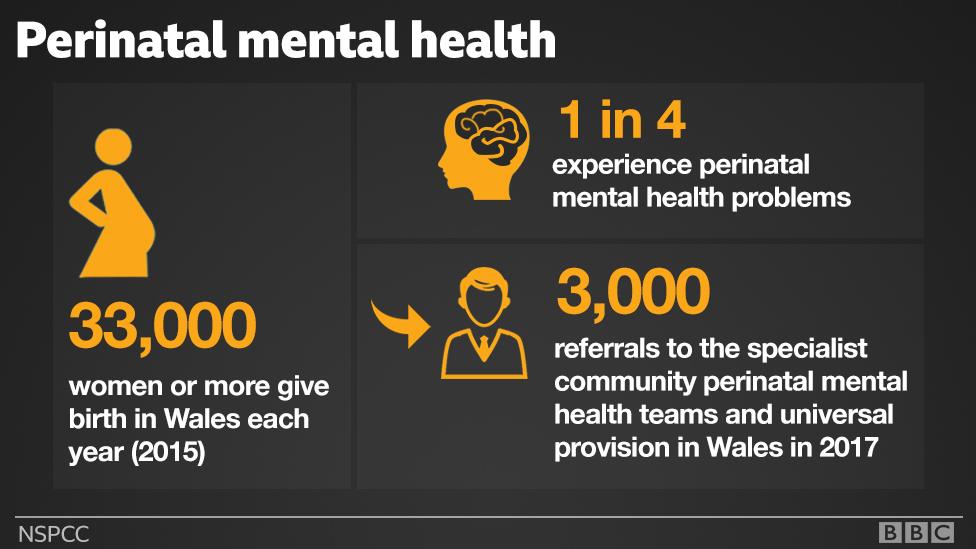 A graphic showing 33,000 women give birth in Wales each year, 1 in 4 experience mental health problems and there are 3,000 specialist referrals