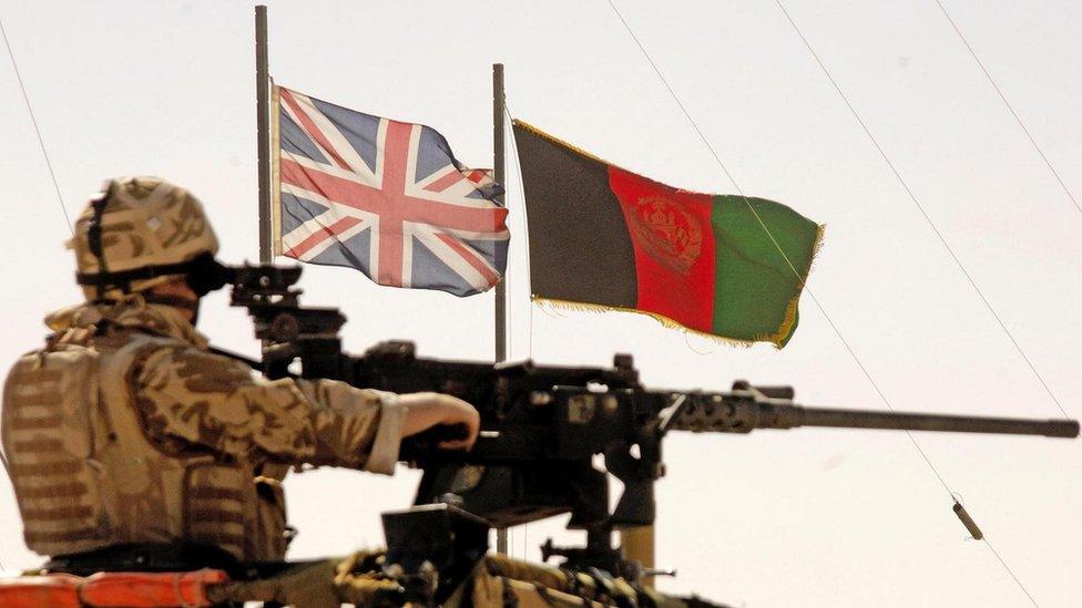 British and Afghanistan flags flying side by side at Camp Bastion in Afghanistan