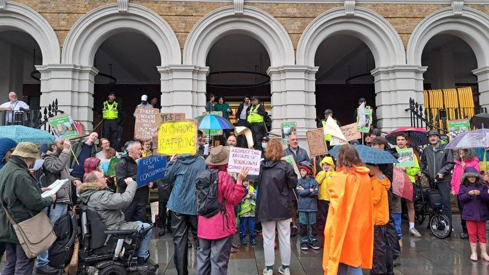 Protestors outside Tower Hamlets town hall