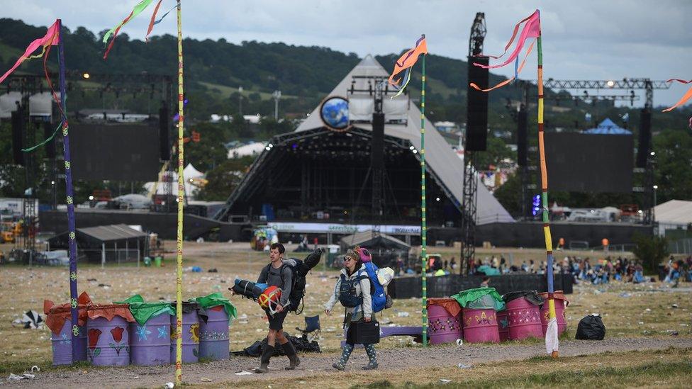 Revellers depart Glastonbury Festival in 2019