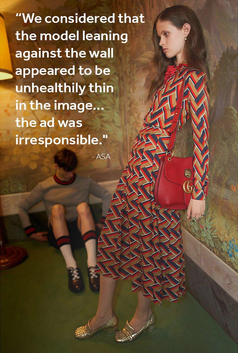 Model leaning against the wall with a quote saying she appeared too thin