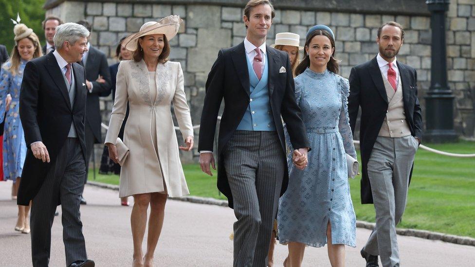 Michael and Carole Middleton, James Matthews and his wife Pippa arrive at the wedding of Lady Gabriella Windsor