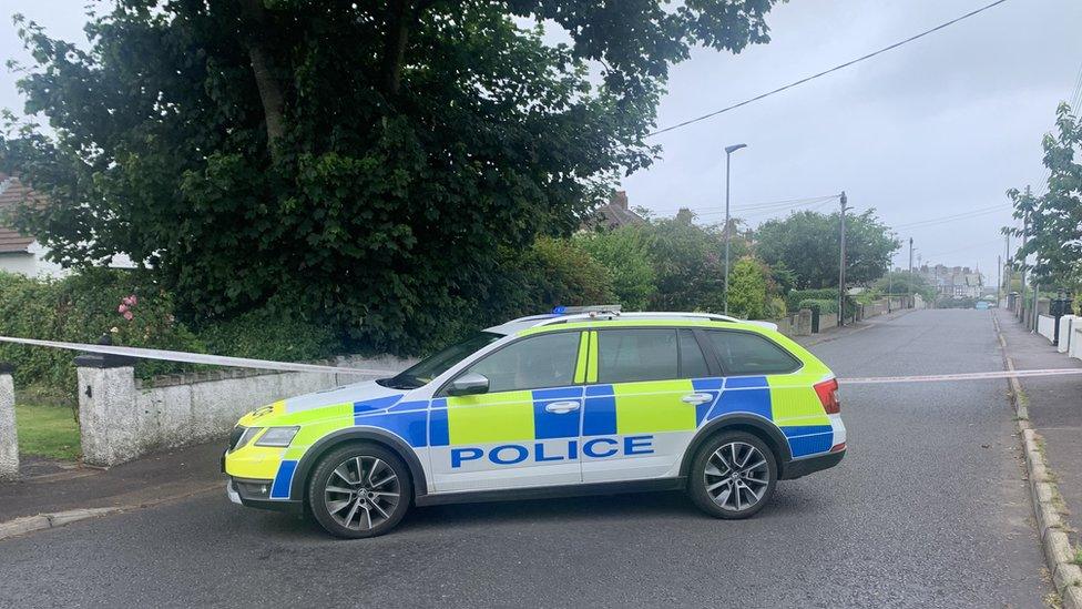 A police car parked in front of a cordon closing Hopefield Avenue